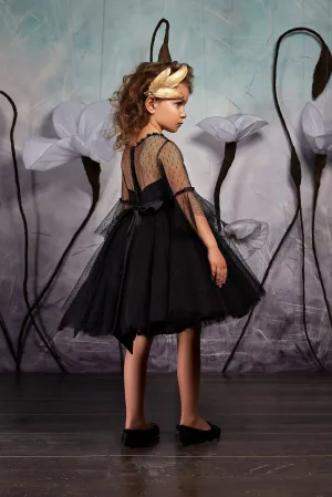 2356 Little Girls Elegant Black Tulle Tutu Dress with Sheer Bell Sleeves