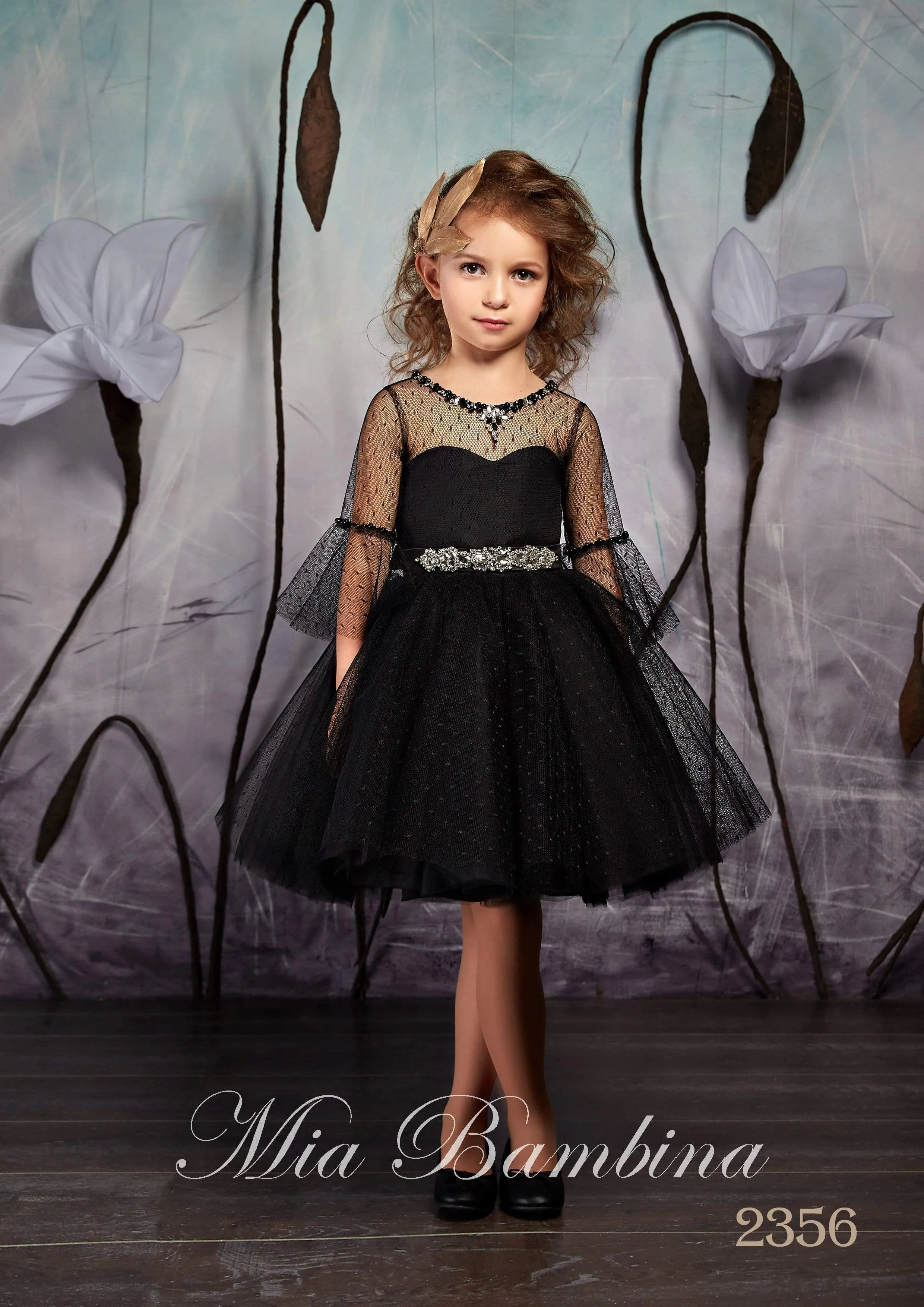 2356 Little Girls Elegant Black Tulle Tutu Dress with Sheer Bell Sleeves