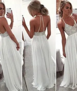 A-line Backless Lace Long Prom Dresses, Formal Dresses, White Evening Dresses