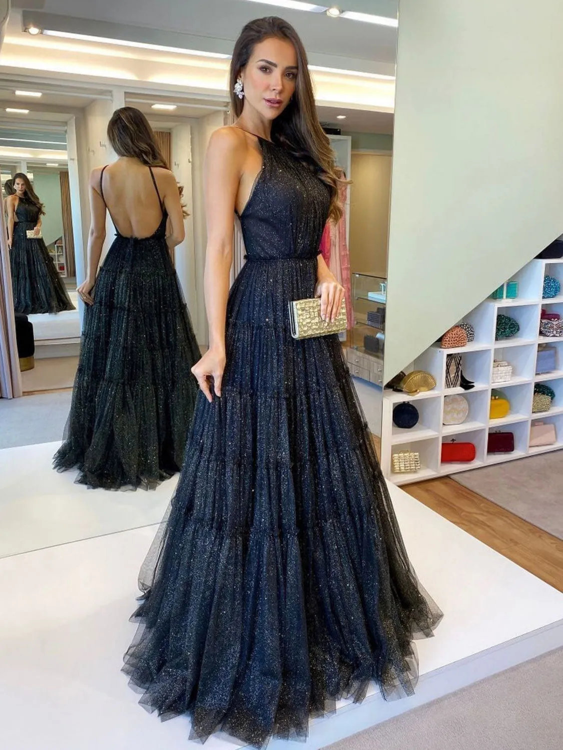 A line black tulle sequin long prom dress black formal dress