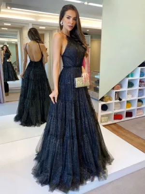 A line black tulle sequin long prom dress black formal dress