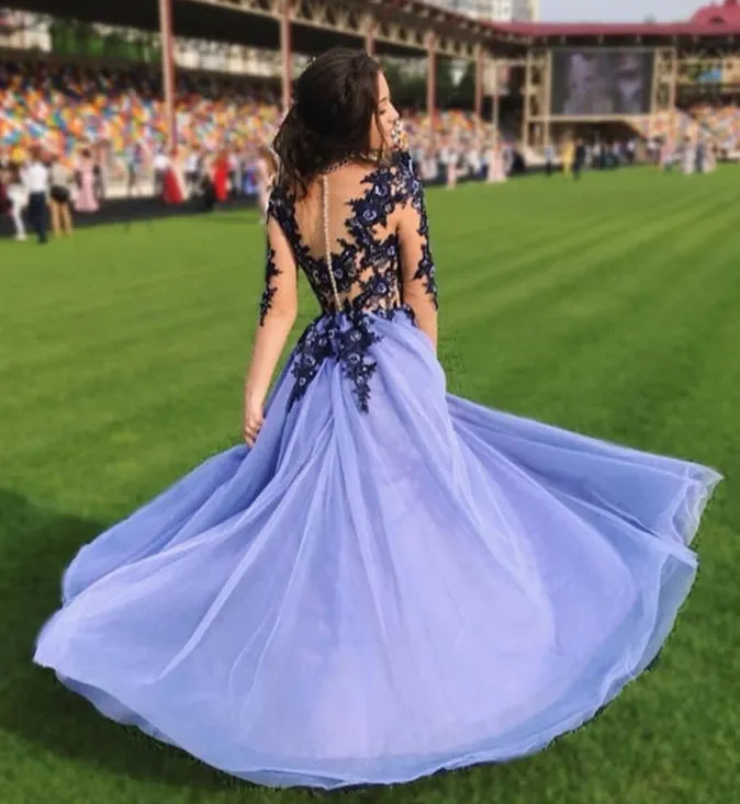 A Line Round Neck Long Sleeves Lace Purple Prom Dress, Long Sleeves Purple Lace Formal Graduation Evening Dress