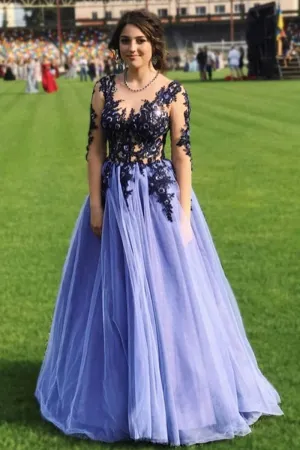 A Line Round Neck Long Sleeves Lace Purple Prom Dress, Long Sleeves Purple Lace Formal Graduation Evening Dress