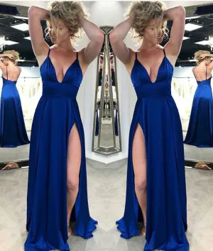A Line V Neck Backless Royal Blue Satin Long Prom Dresses with High Slit, Backless Royal Blue Formal Evening Graduation Dresses
