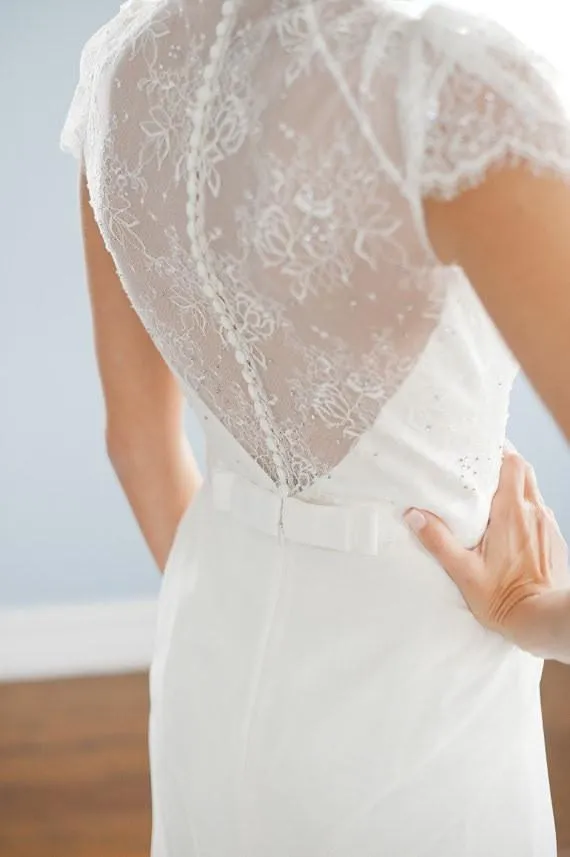 A Line V neck Cap Sleeves White Long Lace Wedding Dress