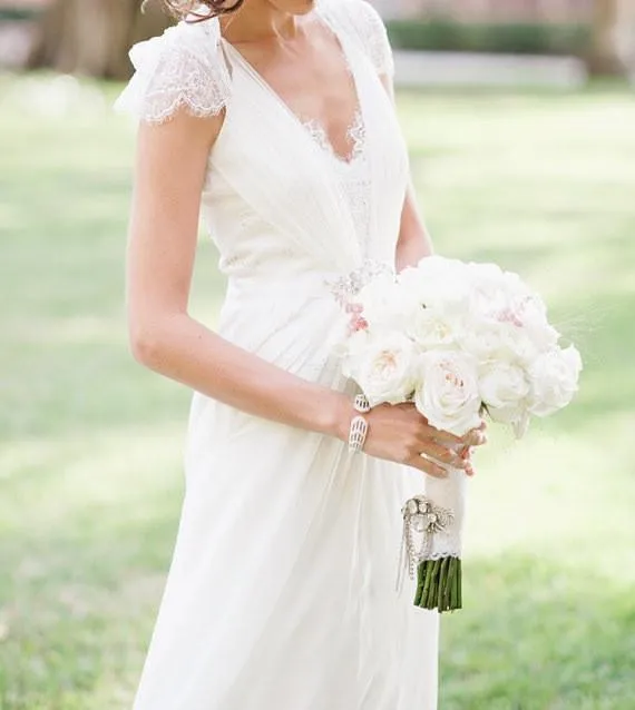 A Line V neck Cap Sleeves White Long Lace Wedding Dress