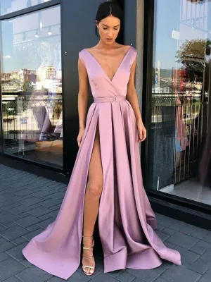 A Line V Neck High Slit Purple Satin Long Prom Dresses, V Neck Purple Formal Graduation Evening Dresses with Side Slit