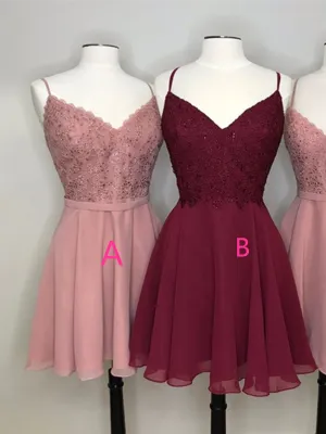 A Line V Neck Pink/Burbundy Lace Short Prom Dresses,  Pink/Burbundy Lace Short Formal Evening Homecoming Dresses