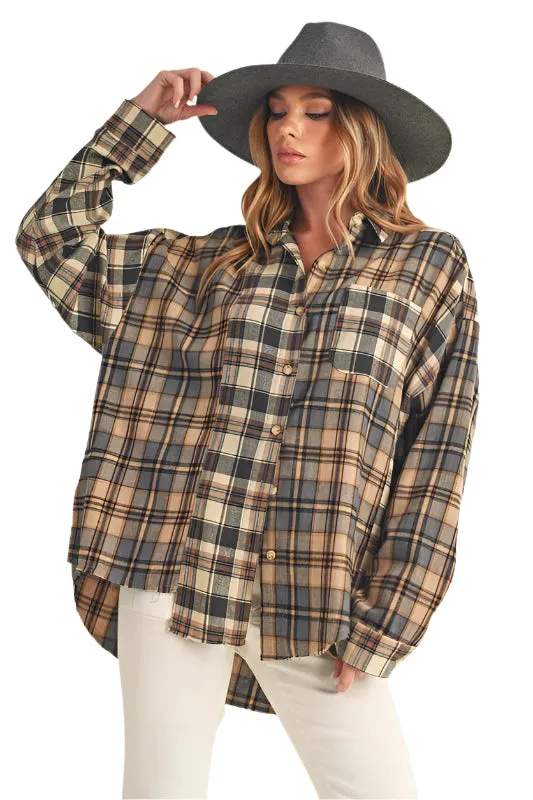 Aemi   Co Frayed Hem Plaid Button Up Flannel Shirt