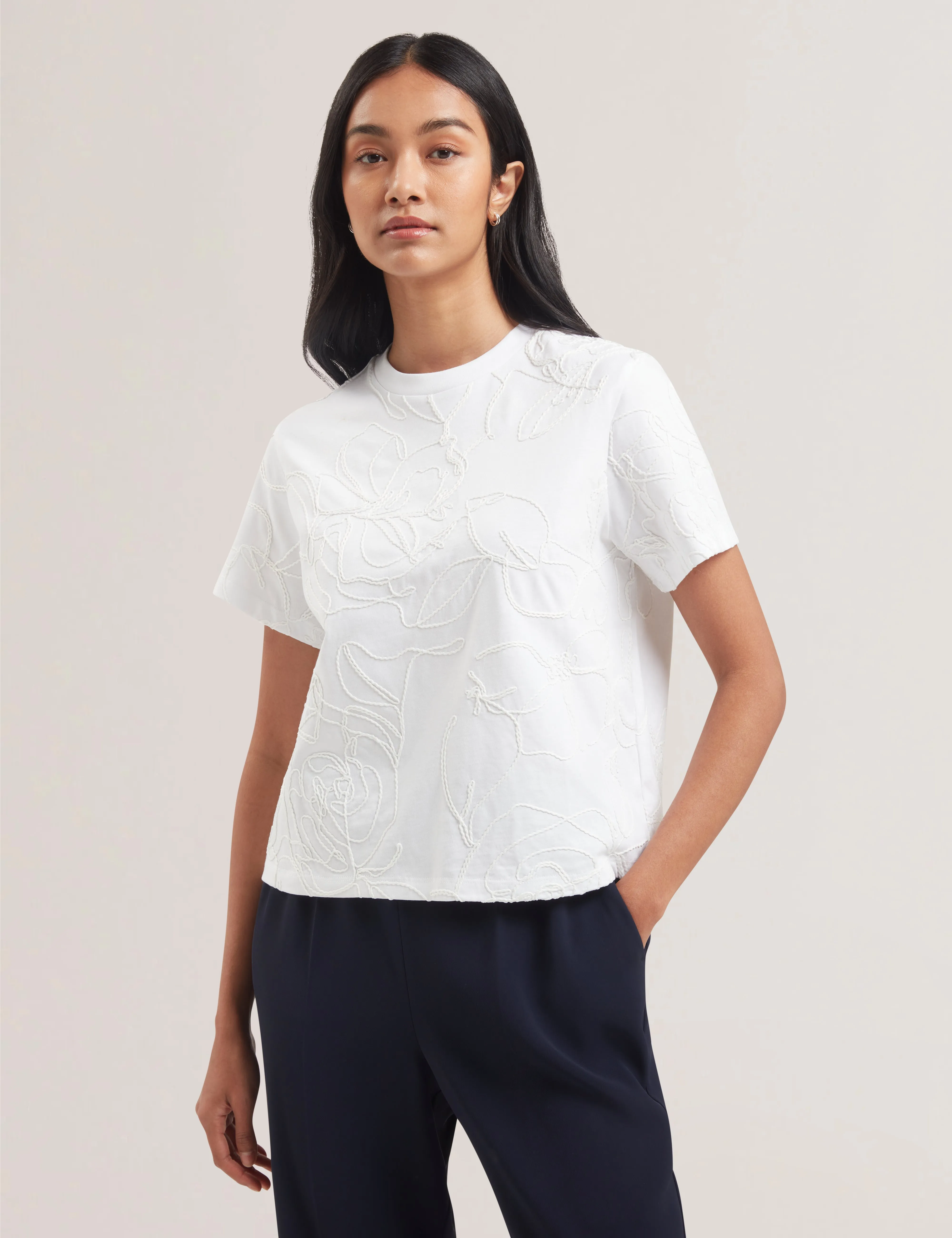 Agaly Short Sleeve All Over Embroidered Boxy Tee Ivory