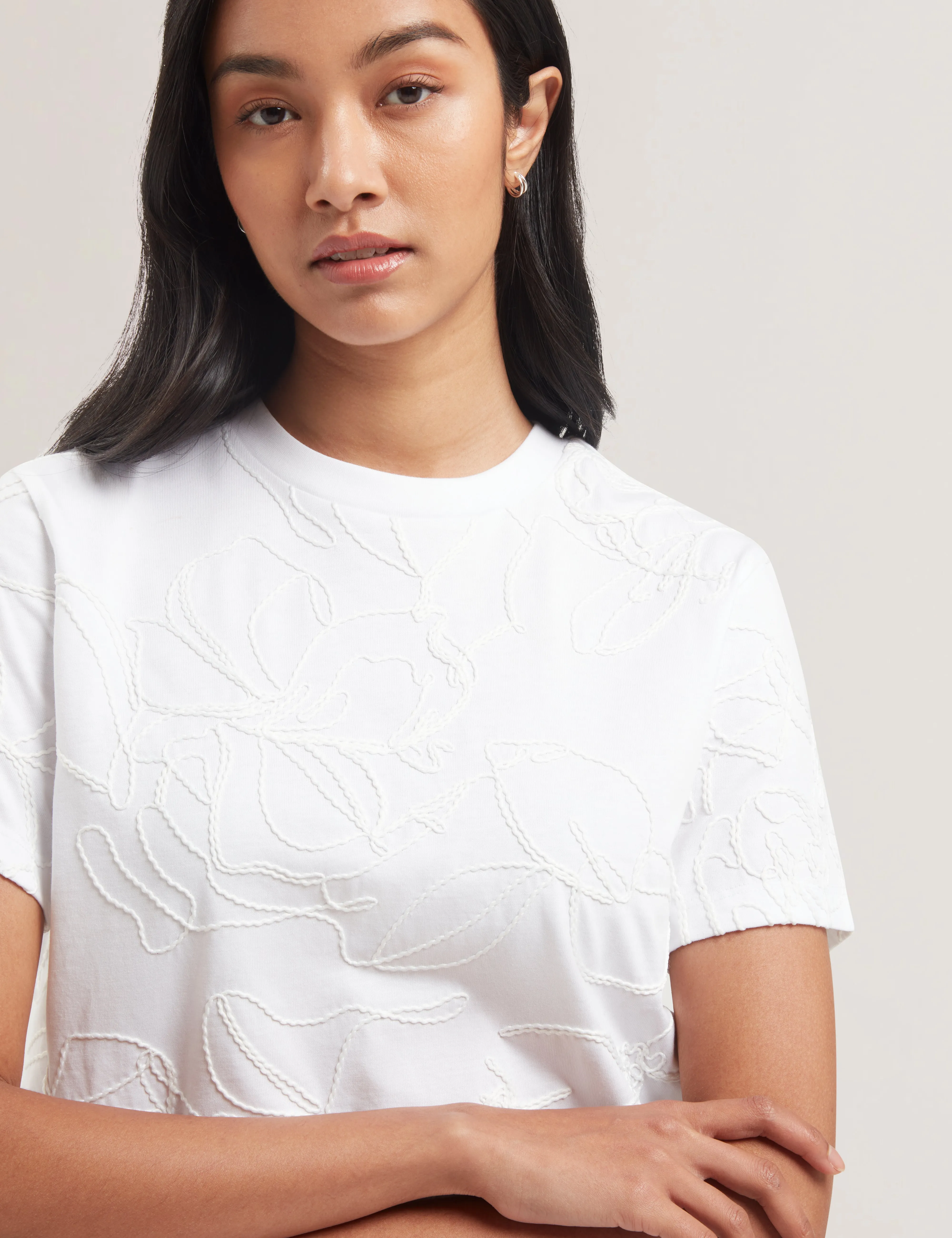 Agaly Short Sleeve All Over Embroidered Boxy Tee Ivory