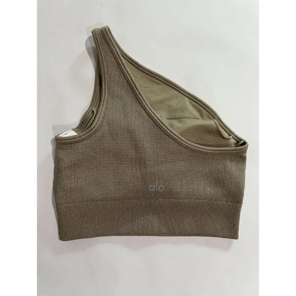ALO Yoga Seamless Ribbed Asymmetric Shimmer Bra Tank in Gravel