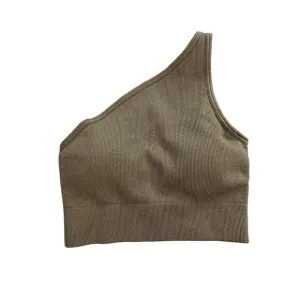 ALO Yoga Seamless Ribbed Asymmetric Shimmer Bra Tank in Gravel