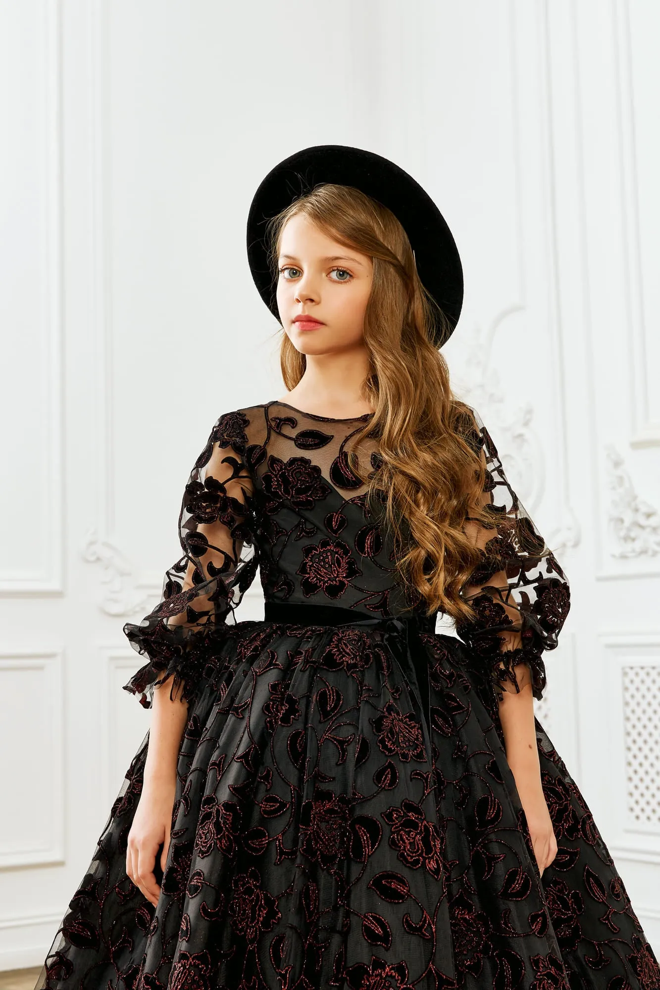 Amazing Flocked Rose Print Princess Dress for Little Girls