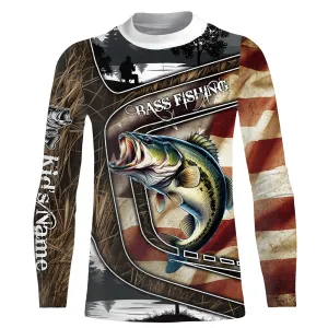 American Flag patriotic Bass Fishing Jerseys, Personalized camo Bass fishing Kid Long Sleeves shirt NQS4856