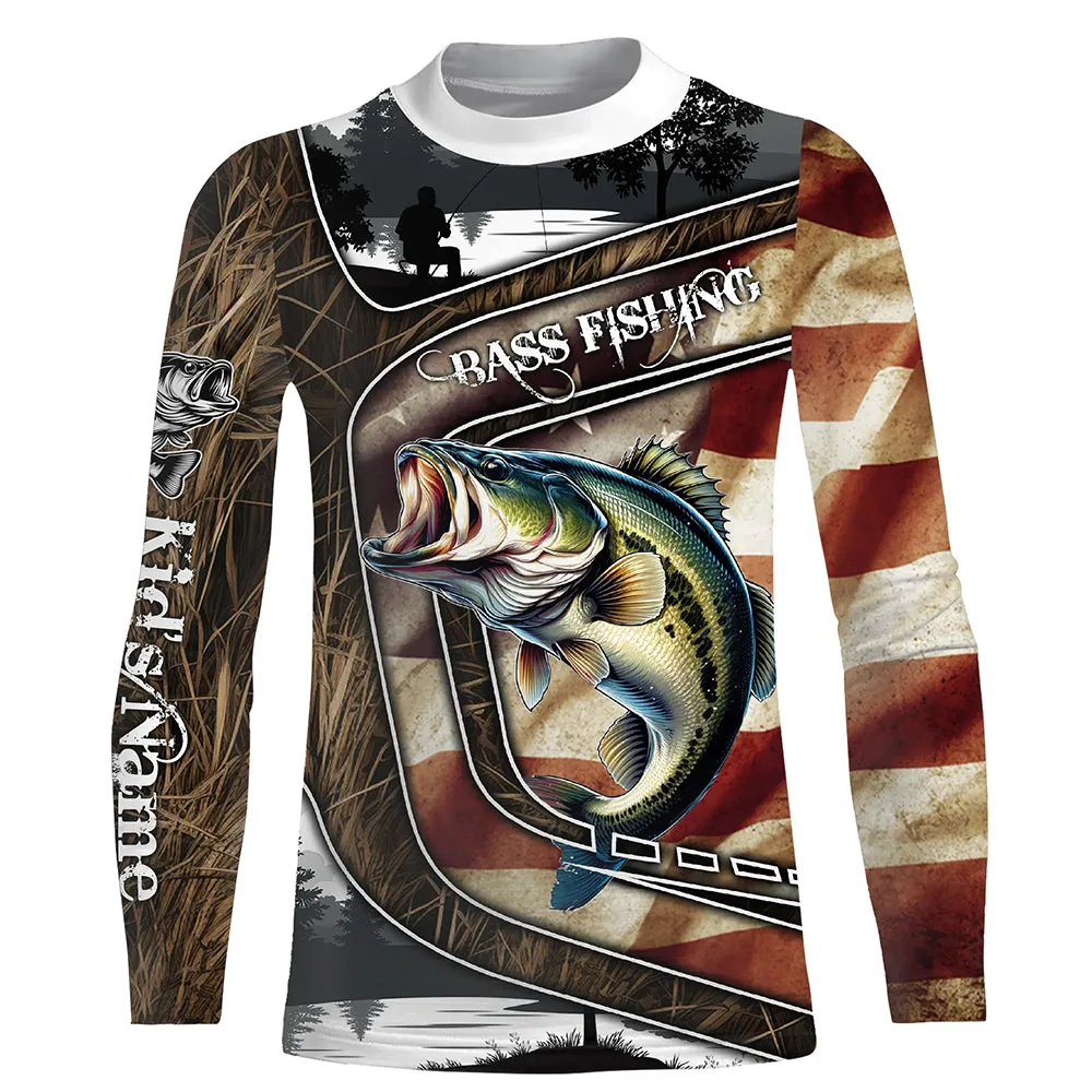 American Flag patriotic Bass Fishing Jerseys, Personalized camo Bass fishing Kid Long Sleeves shirt NQS4856