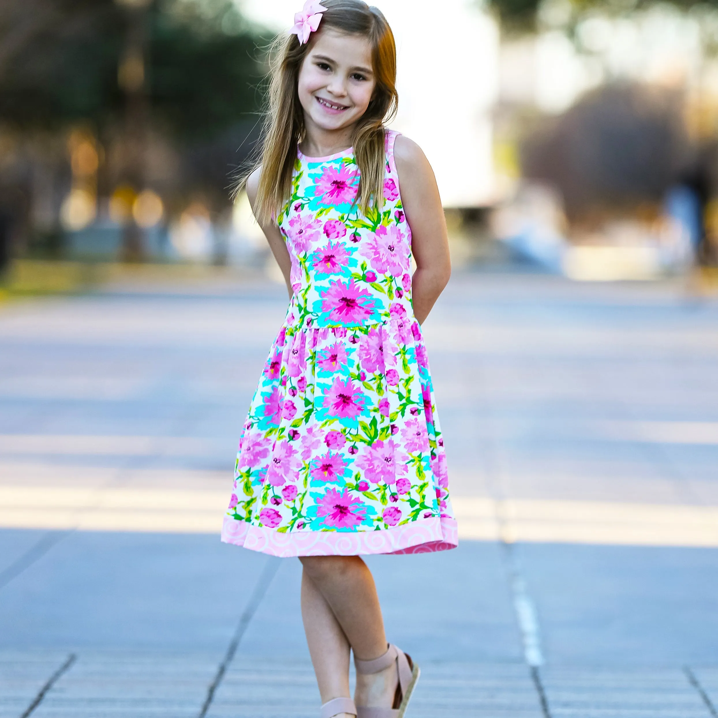 AnnLoren Little & Big Girls Spring Summer Floral Sleeveless Boutique Cotton Knit Dress