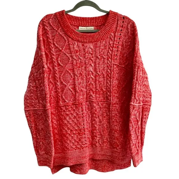 Anthropologie Pilcro x Jasmine Cable Knit Oversized Pink Red Sweater Size Large