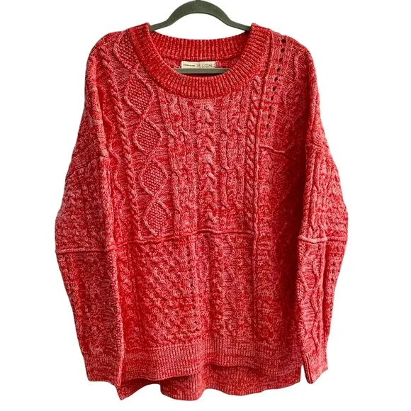 Anthropologie Pilcro x Jasmine Cable Knit Oversized Pink Red Sweater Size Large