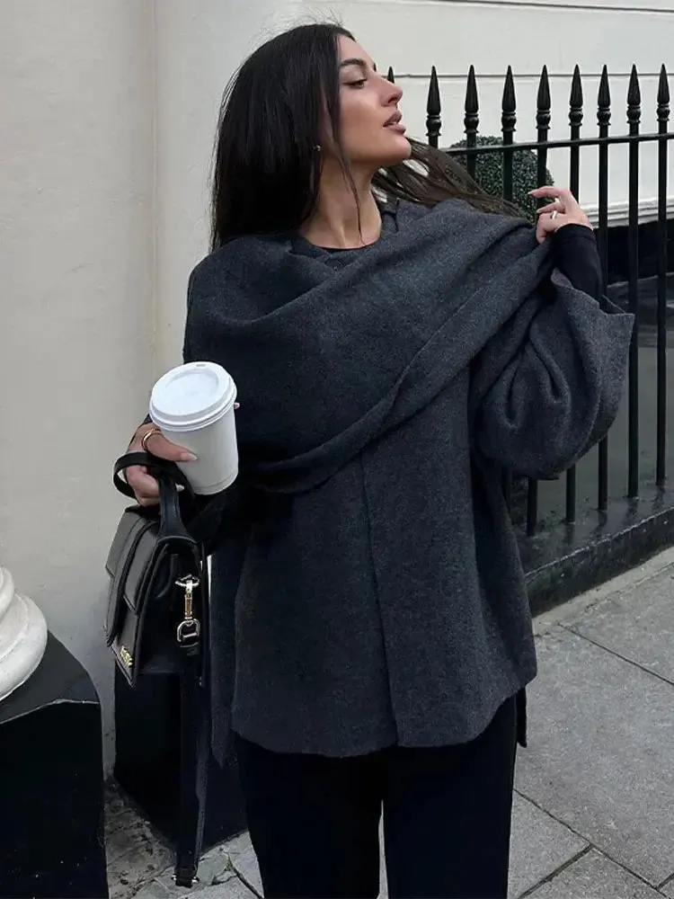 Autumn knitted cape coat with scarf - Trendy fashion for any season