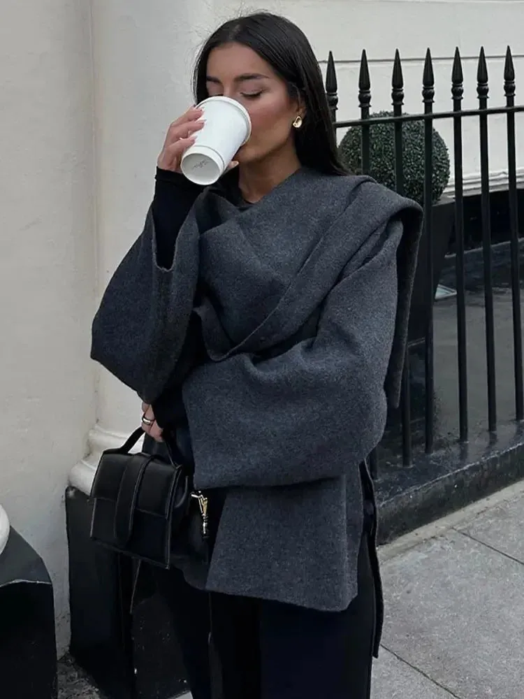 Autumn knitted cape coat with scarf - Trendy fashion for any season