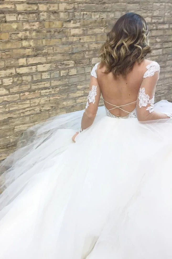 Ball Gown Floor-length Long Sleeves Tulle Bridal Gown Wedding Dresses with  Appliques OHD129