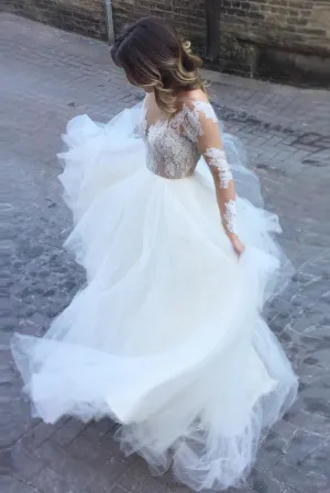 Ball Gown Floor-length Long Sleeves Tulle Bridal Gown Wedding Dresses with  Appliques OHD129