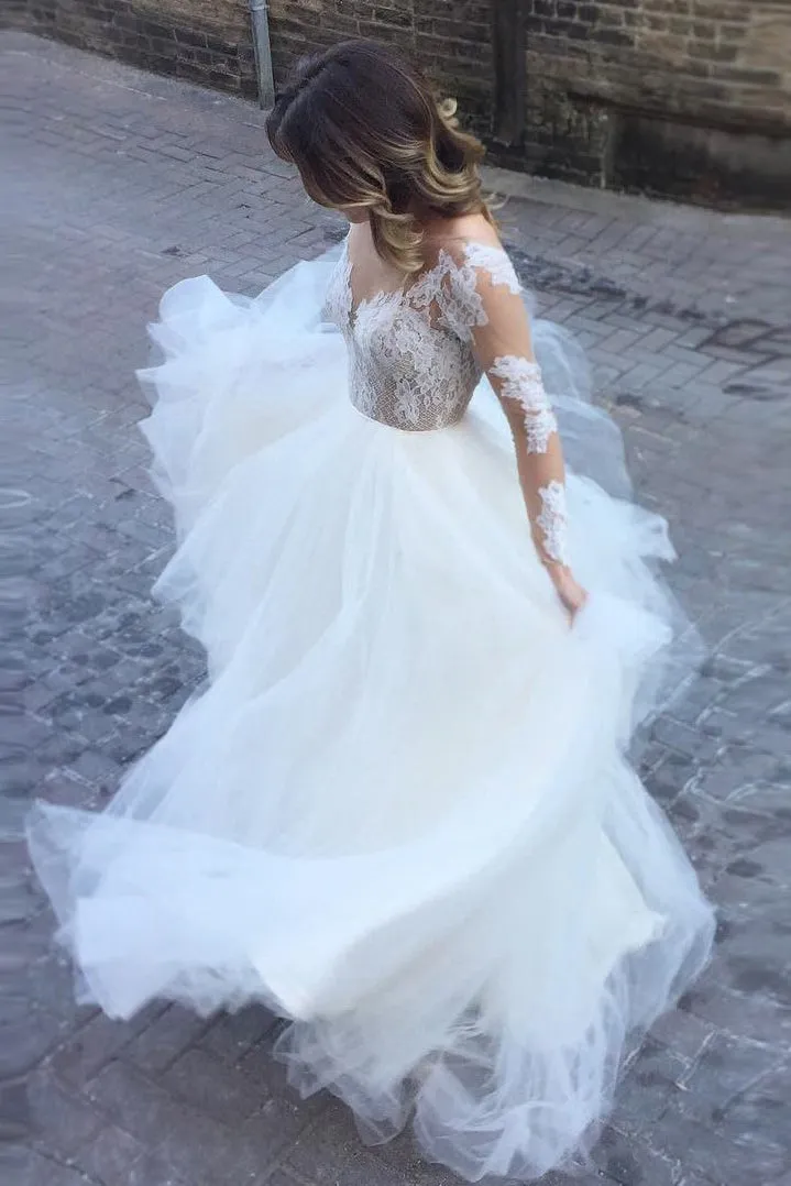 Ball Gown Floor-length Long Sleeves Tulle Bridal Gown Wedding Dresses with  Appliques OHD129