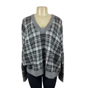 Banana Republic Women's Grey & Black Grid Cropped Plaid V Neck Sweater Sz M