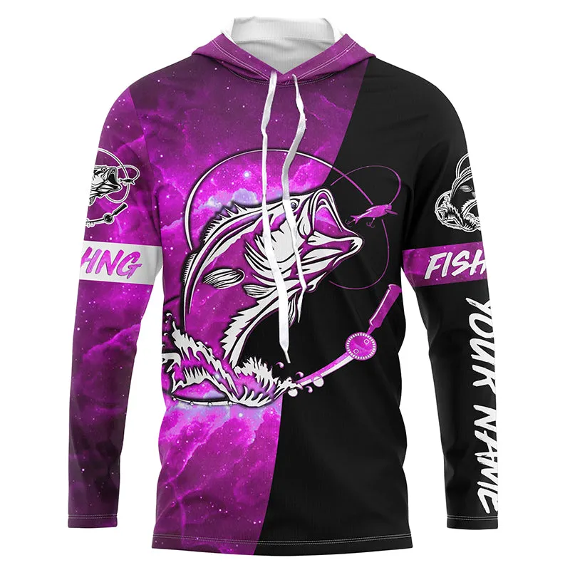 Bass Fishing tattoo pink galaxy black Custom name performance UV protection long sleeve fishing shirts NQS5399
