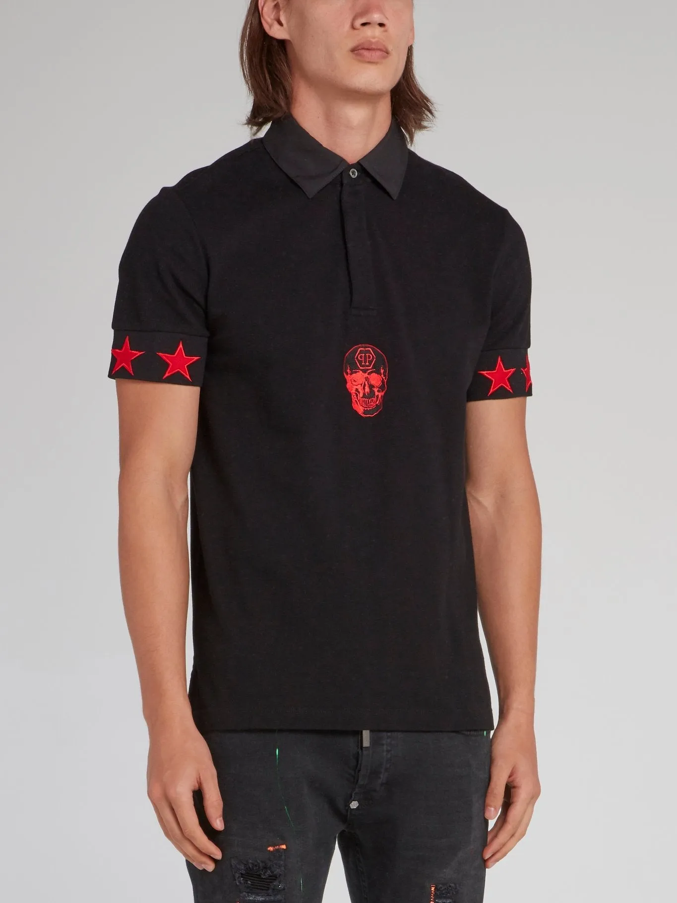 Black and Red Stars Skull Polo Shirt