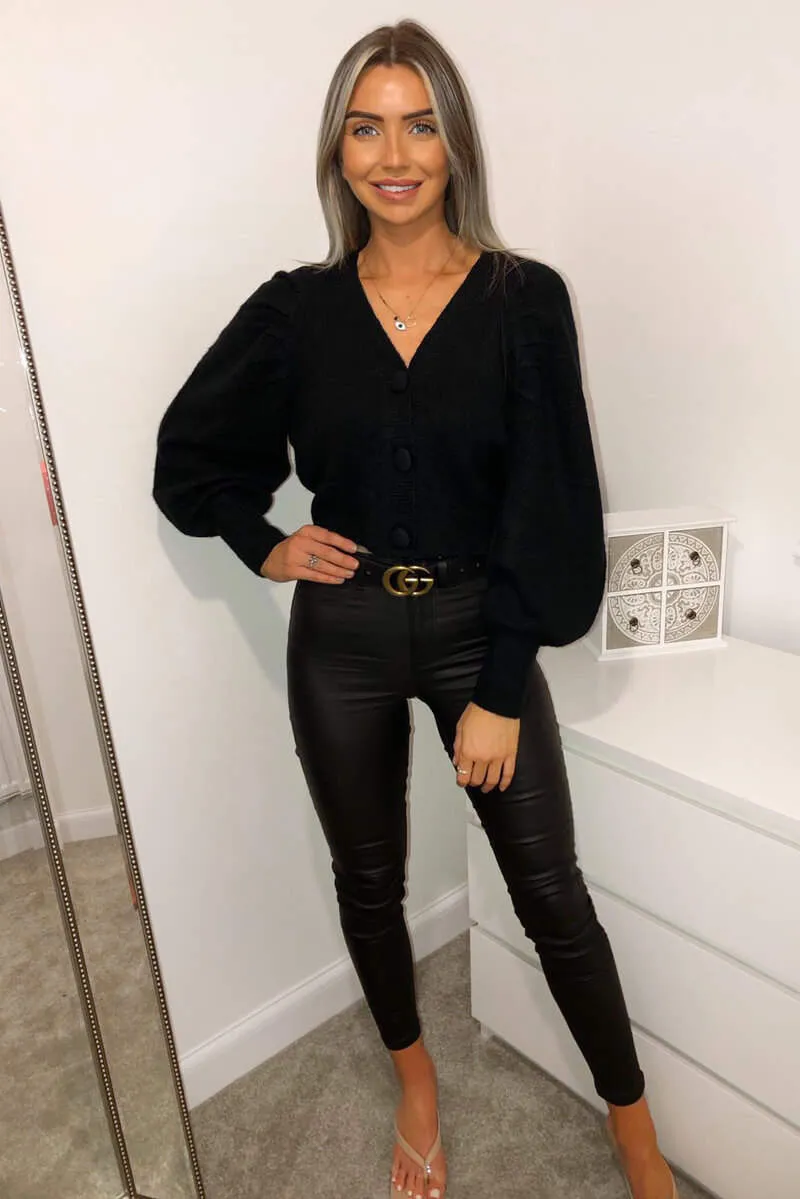 Black Cropped Button Up Cardigan