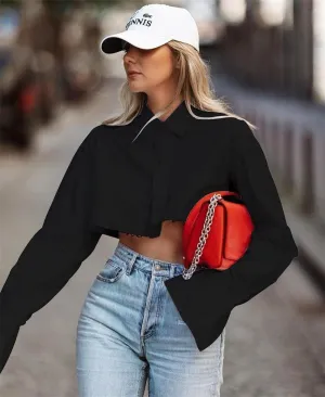 Black Oversized Button Down Crop Top