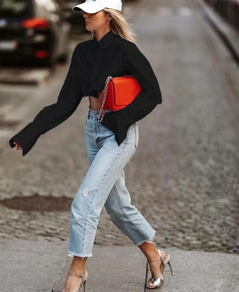 Black Oversized Button Down Crop Top