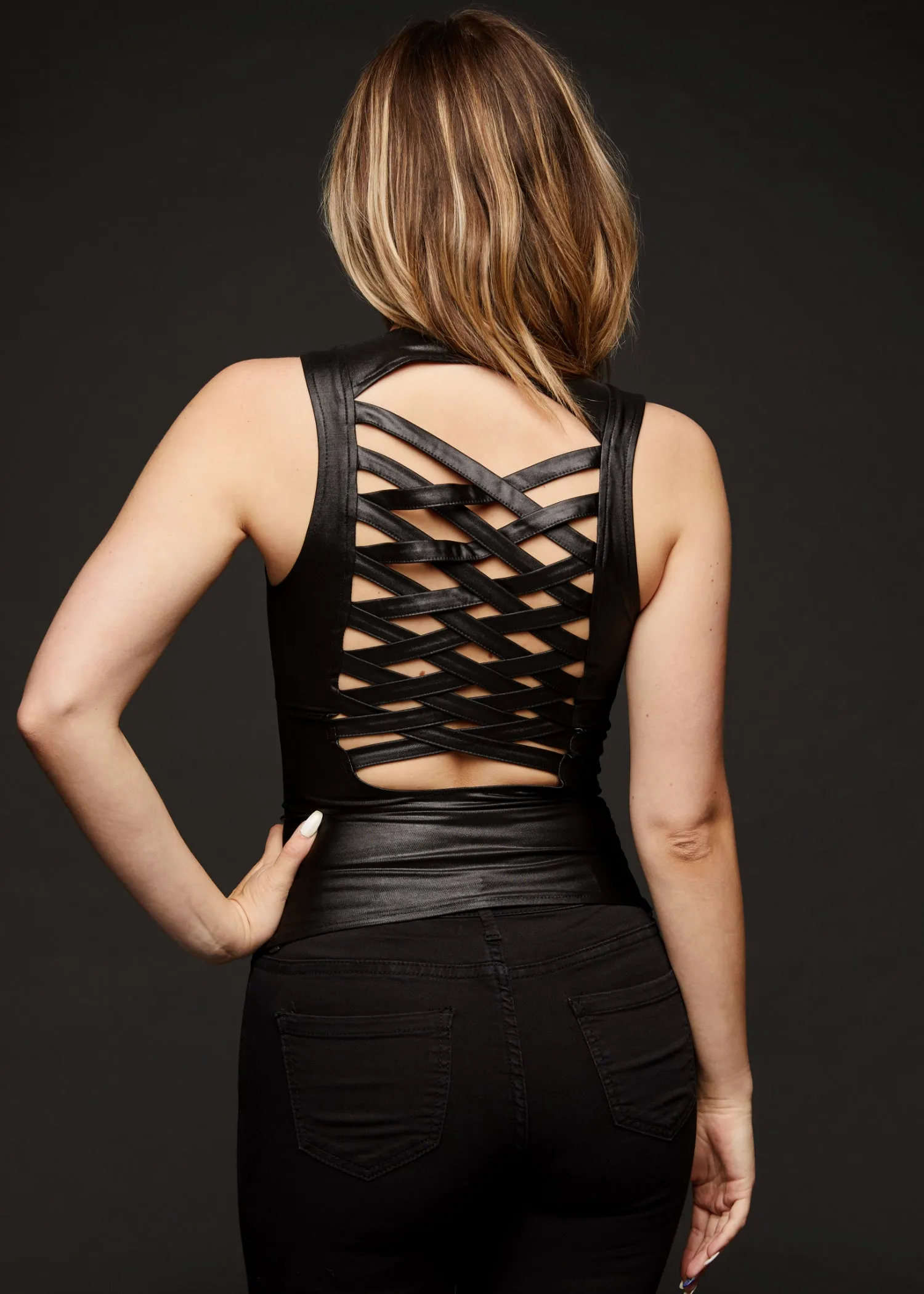 Blackened Faux Leather Lace Up Detail Top with Zipper