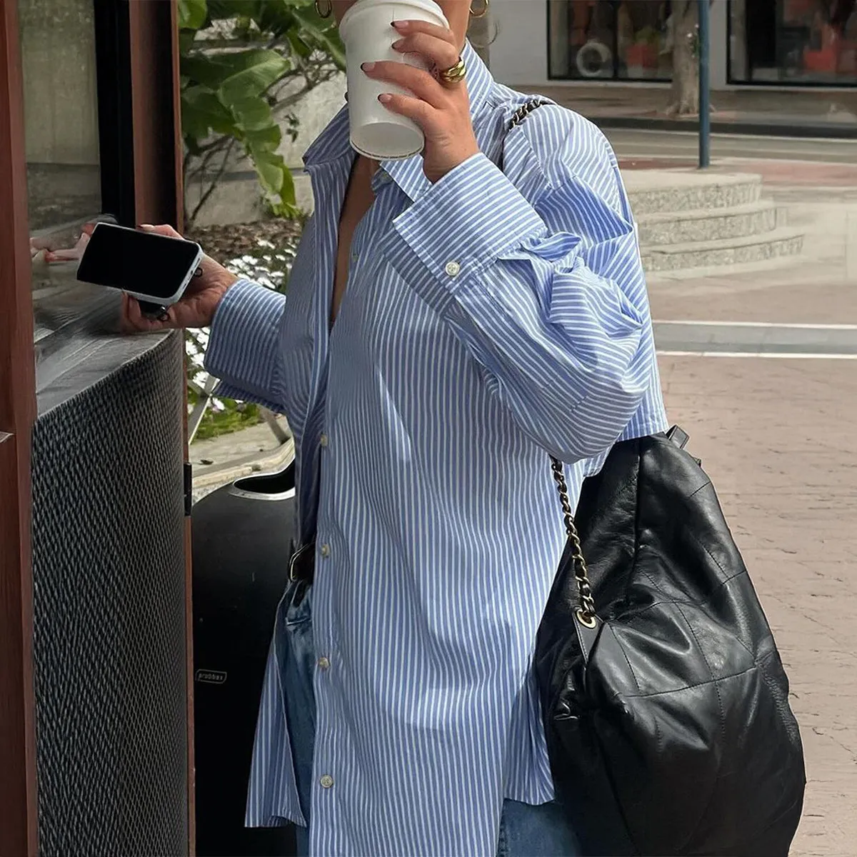 Blue Oversized Stripe Shirt With Back Detail