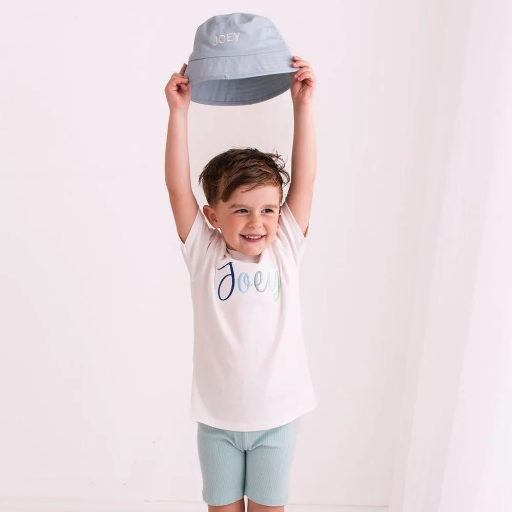 Blue Pastel Script Embroidered Tshirt