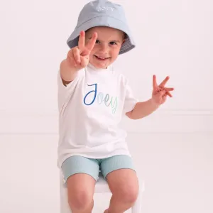 Blue Pastel Script Embroidered Tshirt