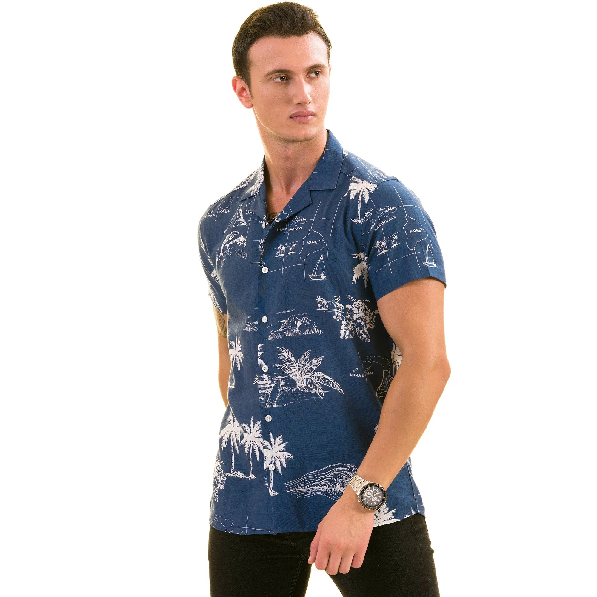 Blue Printed on White European Made & Designed Hawaiian Summer Shirts