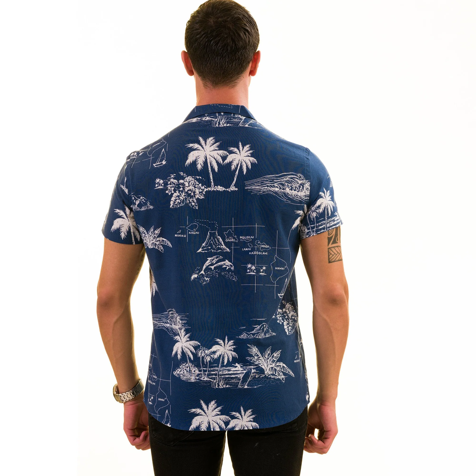 Blue Printed on White European Made & Designed Hawaiian Summer Shirts
