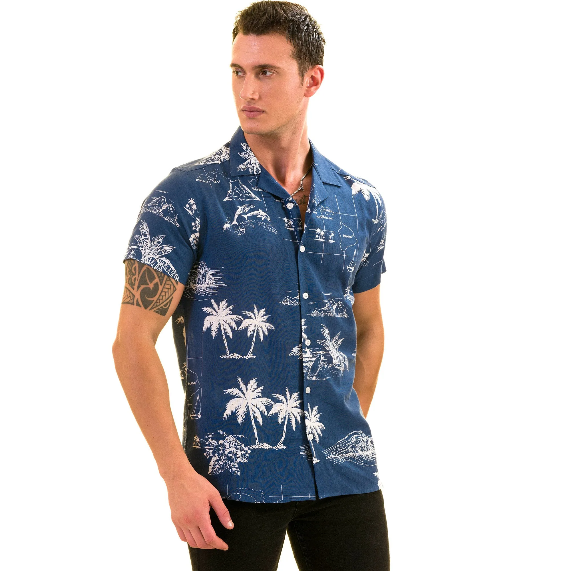Blue Printed on White European Made & Designed Hawaiian Summer Shirts