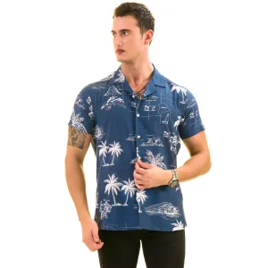 Blue Printed on White European Made & Designed Hawaiian Summer Shirts