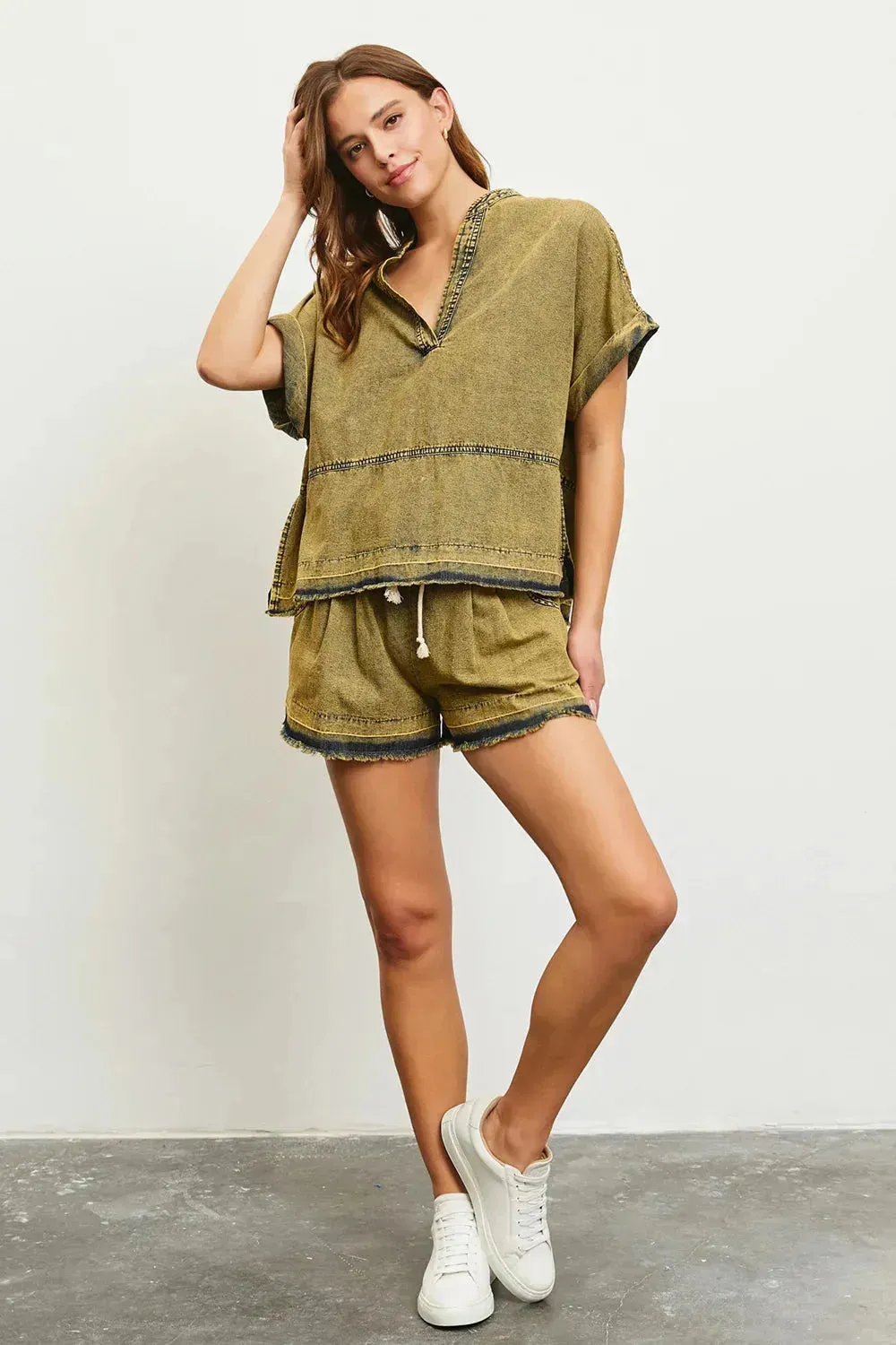 Boho Acid Wash with Frayed Hem Detail V-Neck Top