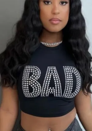 Bold Statement Rhinestone Embellished Short Sleeve Crop Top