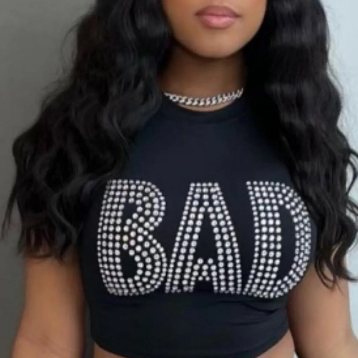 Bold Statement Rhinestone Embellished Short Sleeve Crop Top