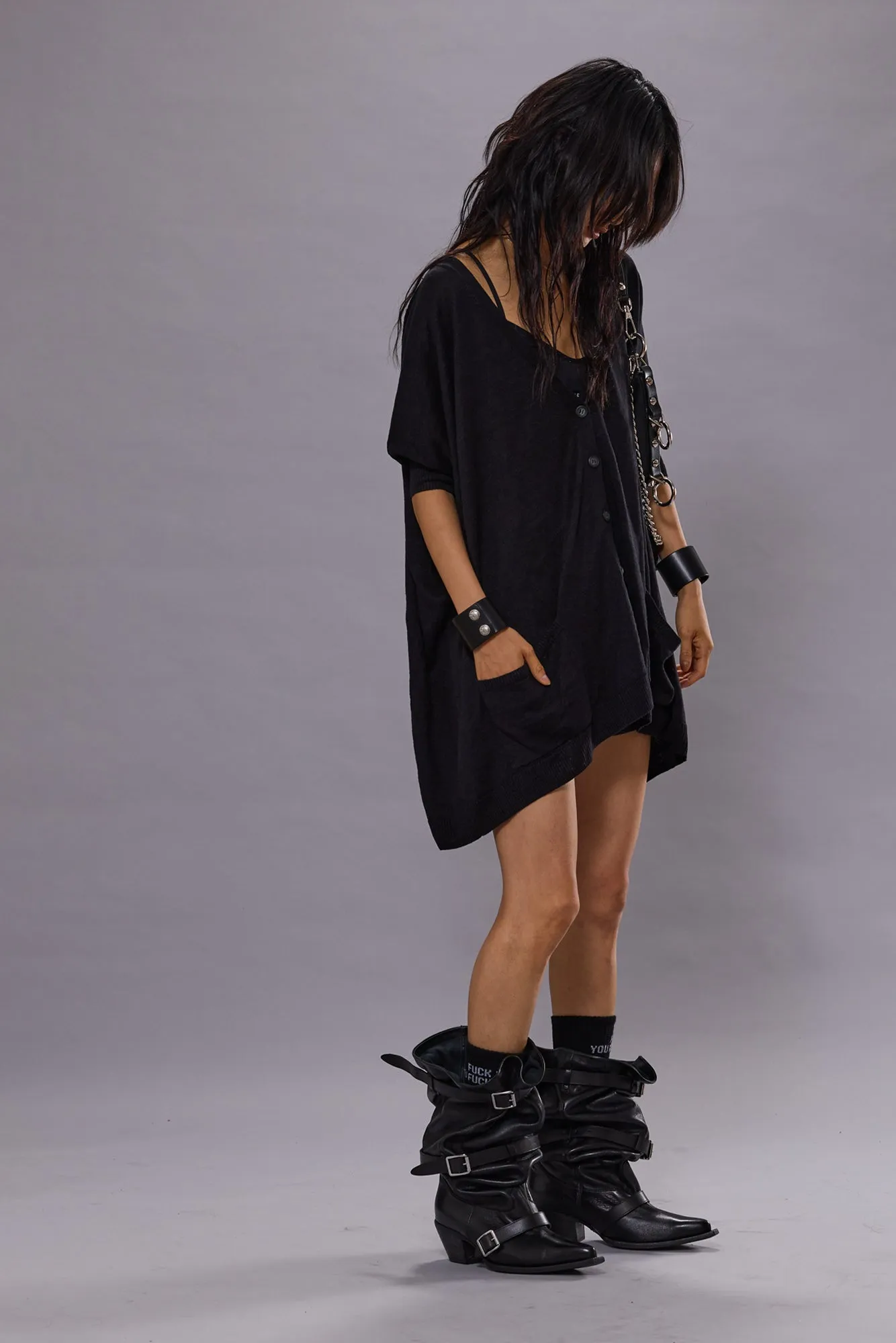 BOXY CARDIGAN DRESS - BLACK
