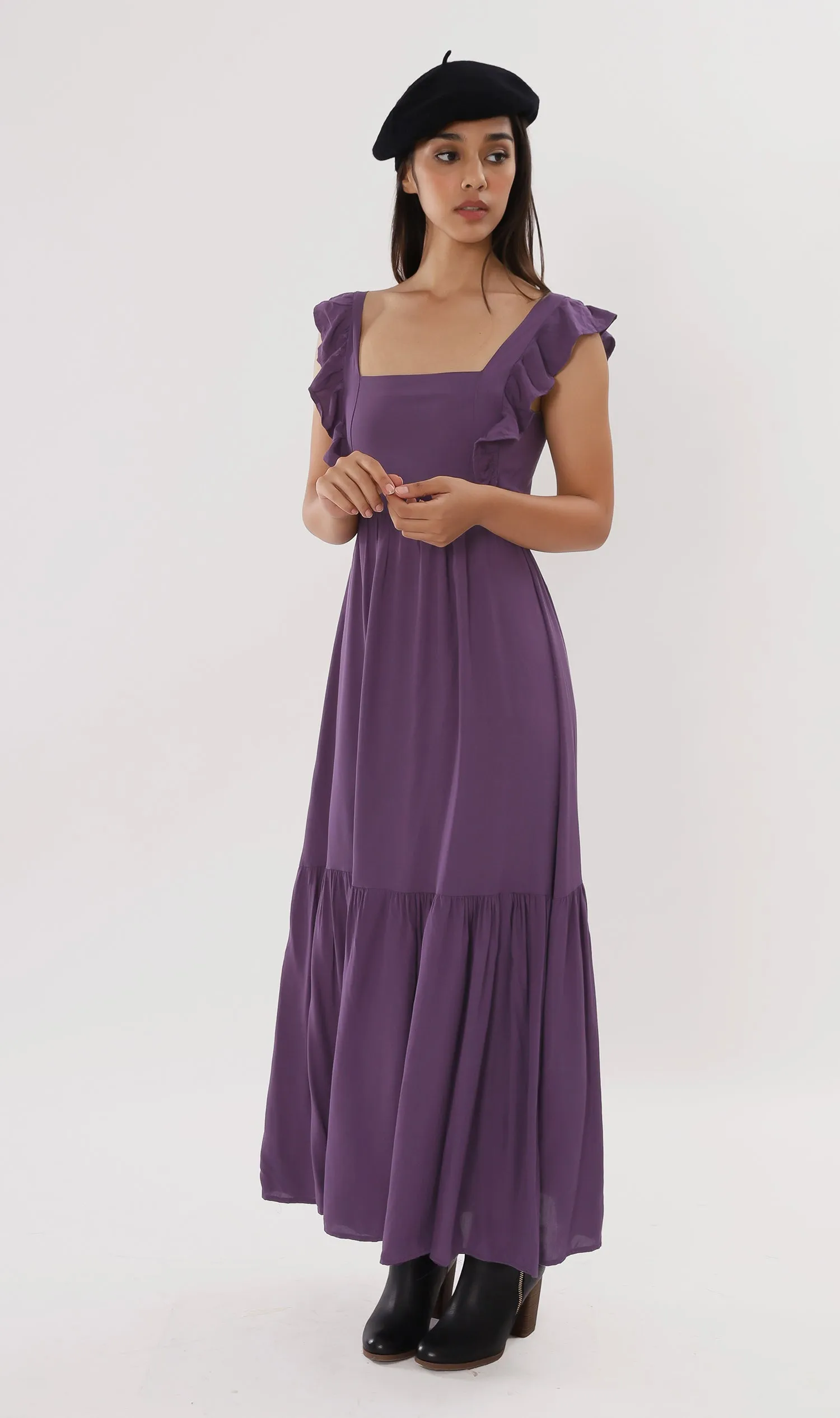 CAMDEN Ruffled-Sleeve Maxi Dress (Eggplant)