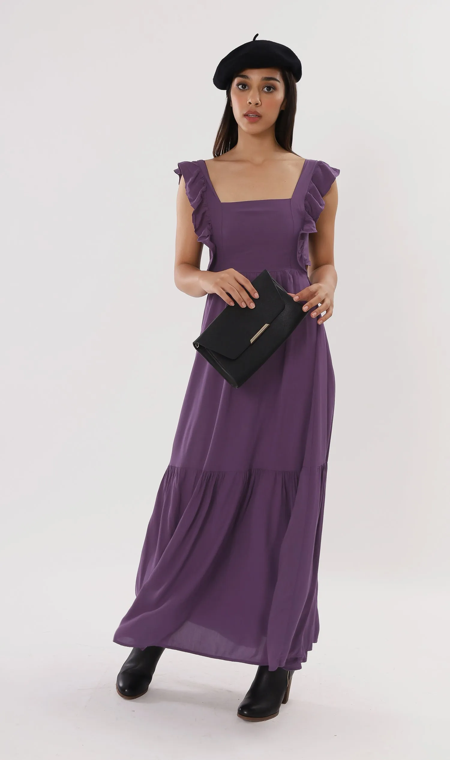 CAMDEN Ruffled-Sleeve Maxi Dress (Eggplant)
