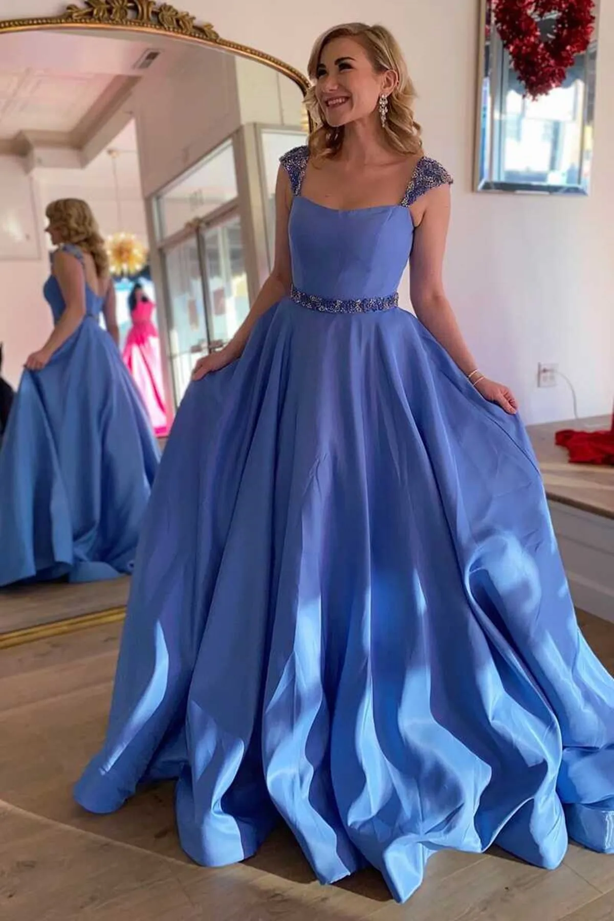 Cap Sleeves Blue Satin Long Prom Dress, Open Back Blue Formal Graduation Evening Dress A1536