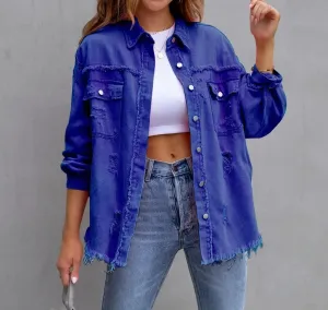 Casual women's Oversized Jean jacket Solid Color Long Sleeve Distressed Jacket  whit pocket